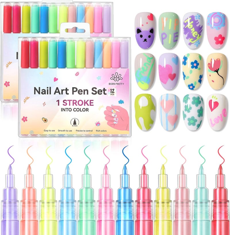 Born Pretty Nail Art Pens Set 12 Colors - Halloween Neon Colors 3D Nail Polish Acrylic Paint Pens Quick Dry Nail Markers for Halloween Nail Art Drawing Painting Dotting Liner Pen DIY Manicure Tools - Image 1
