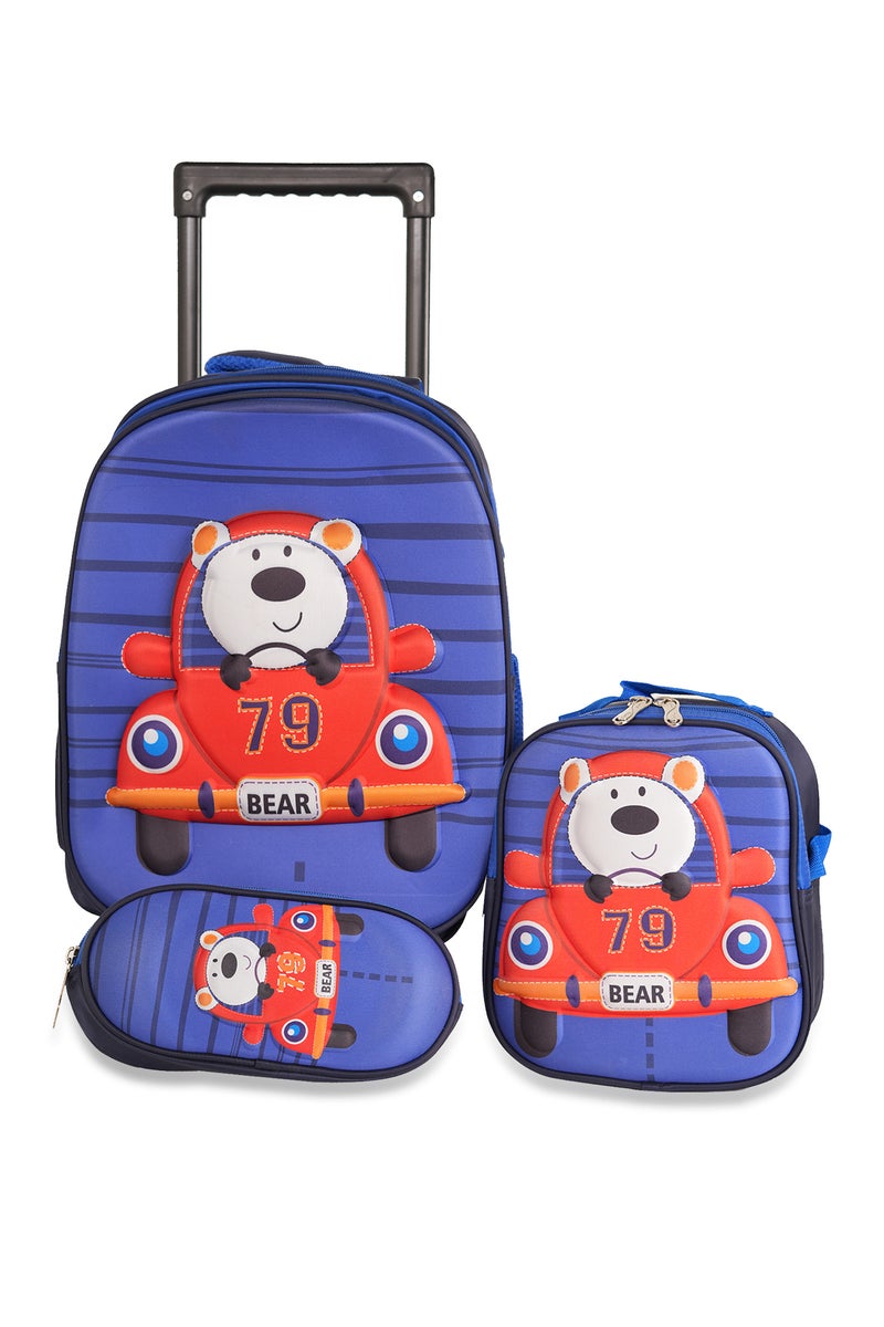KTMC 3D Cartoon Cars Triple Backpack Set, Pen Bag, Lunch Bag, School Trolley Bag for Boys-Navy Blue & Sky Blue 9909