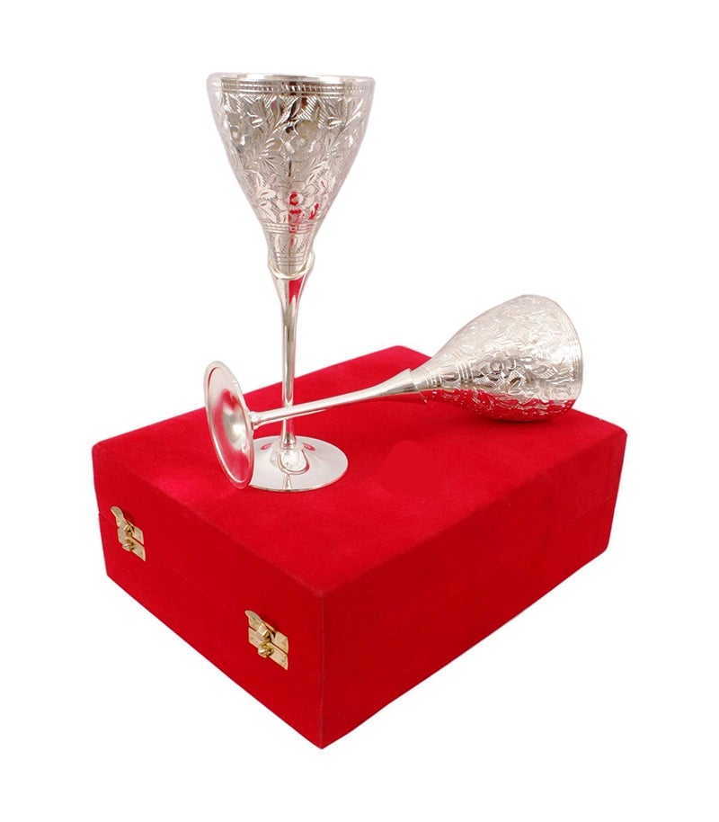 German Silver Brass Wine GlassWine Goblet Set with Beautiful Velvet Box Packing 26 cm Silver  - Image 2
