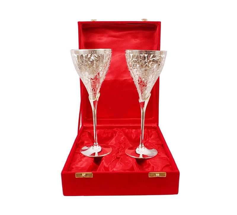 German Silver Brass Wine GlassWine Goblet Set with Beautiful Velvet Box Packing 26 cm Silver  - Image 1