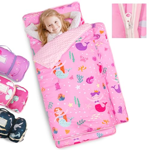 Primlect Toddler Nap Mat Extra Large Thickened 55x35 Soft Sleeping Bag with Detachable Minky Blanket and Pillow Portable for Daycare Preschool Kindergarten Travel Boys and Girls Mermaid - Image 1