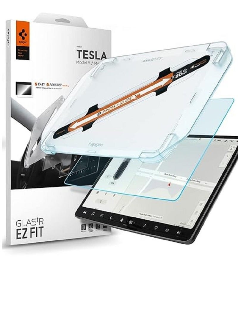 Spigen Tempered Glass Screen Protector [GLAStR EZ FIT] for Tesla Model 3 (2026/2025/24) Highland and Model Y (2026/2025) Juniper 15.4" Dashboard Touchscreen - Crystal Clear - Image 1