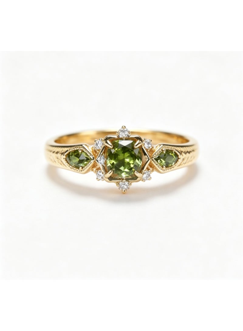 Green Zircon Golden Ring with Vintage Elegant Design - Image 1
