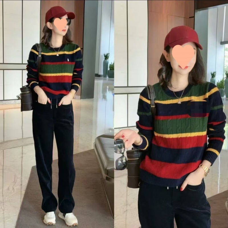 European Heavy Rainbow-Colored Stripesd Contrasting Knitwear 2024 Autum New Style Simple Style Foreign Style Age-Reducing Top for Women As Shown in Picture