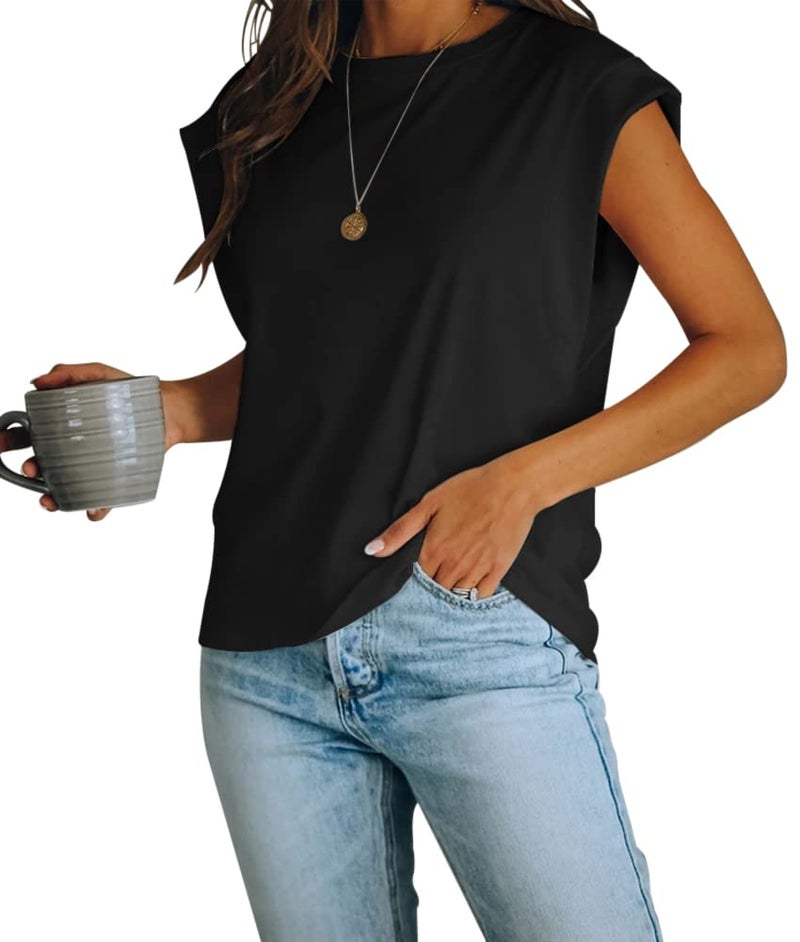 Fazortev Women's Cap Sleeve Tank Top Crew Neck T Shirts Loose Fit Basic Summer Casual Tee Tops Black - Image 1