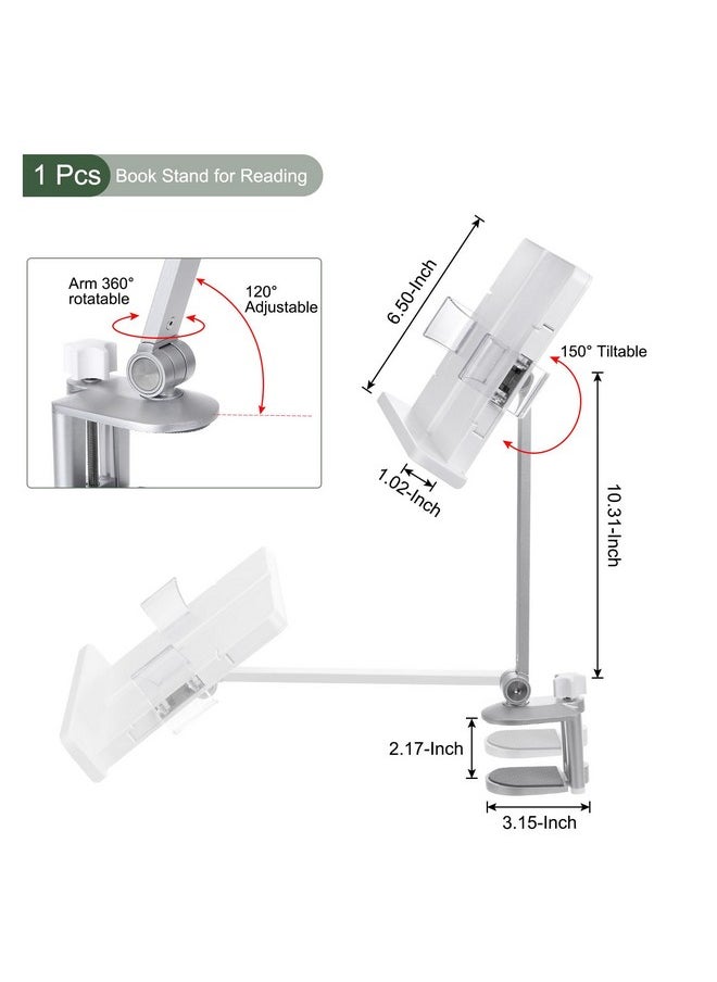YOKIVE Book Stand For Reading, Adjustable Holder With 360° Rotating Arm & Page Clips, Portable Sturdy Book Holder, Great For Textbook (Silver, 10.3-Inch)  - Image 2
