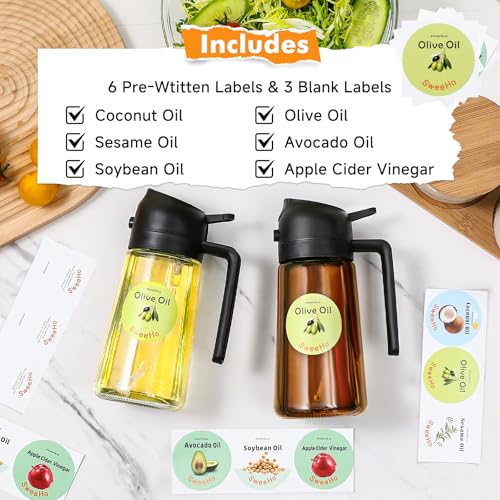 SweeHo Oil Sprayer for Cooking,470ml Cooking Olive Oil Sprayer and Oil Dispenser 2 In 1, Food-grade Glass Oil Spray Bottle Mister for Air Fryer, BBQ, Griddle (Black+dark brown glass and color label) - Image 5