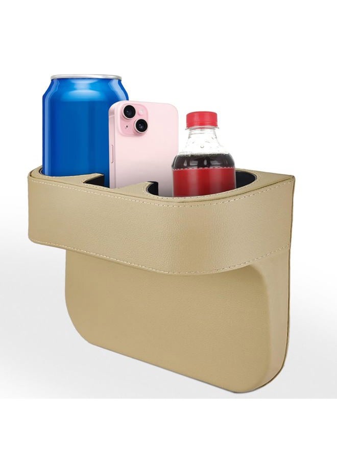 KITUREK Car Cup Holder, Auto Front Seat Organizer, Multifunctional Cup Drink Holders with PU Leather Cover, Gap Filler Storage Box Coin Bucket Console Side Pocket Cell Mobile Phone Holder (Beige) - Image 1