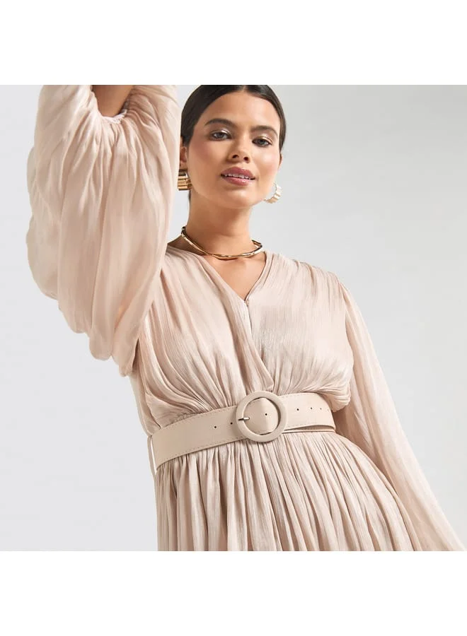 Splash FAV Textured Belted Midi Dress with V-neck and Long Puff Sleeves