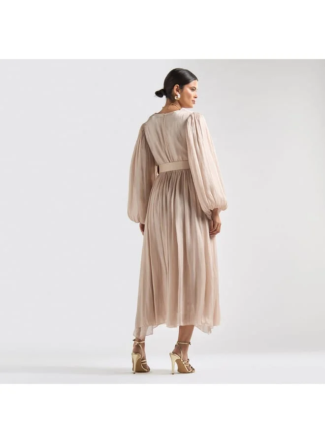 Splash FAV Textured Belted Midi Dress with V-neck and Long Puff Sleeves