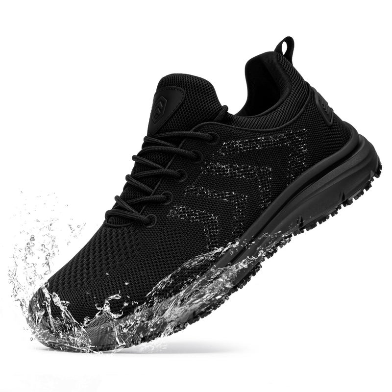 LARNMERN Mens Non Slip Work Shoes Water Resistant Walking Sneakers Zapatos Trabajo Waterproof Food Service Comfortable Chef Kitchenï¼ˆSilver Silk Blackï¼Œ12ï¼‰ - Image 1