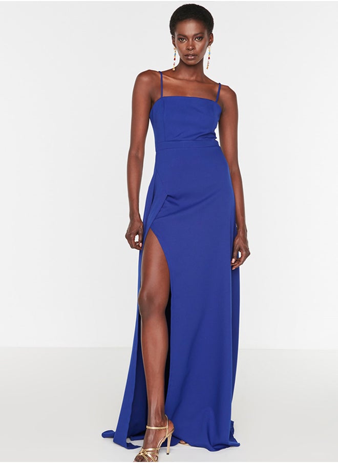 trendyol - Sax Evening Dress With A slit and Decollete TPRSS19FZ0511 - Image 1
