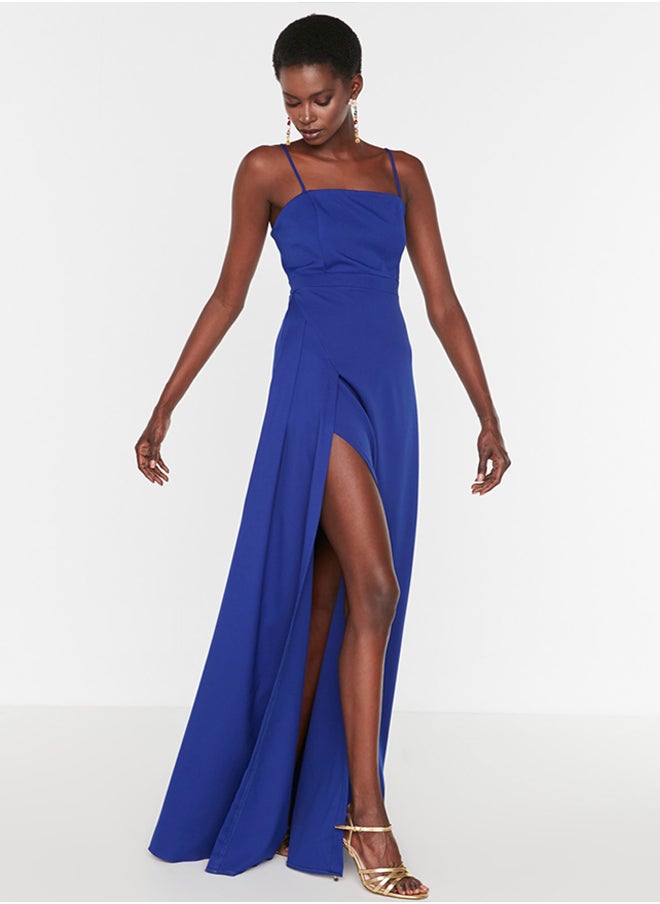 trendyol - Sax Evening Dress With A slit and Decollete TPRSS19FZ0511 - Image 1