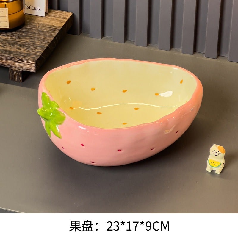 Stylish Strawberry Fruit Platter Set - Ceramic & Stainless Steel with Snack Serving Bowls and Forks