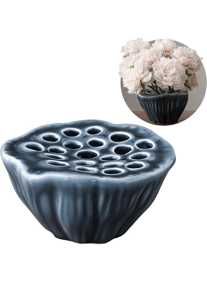Lotus Pod Flower Arrangement Vase, Ceramic Flower Frog Pot, Ikebana Stem Holder, Decorative Flower Frog Container, Floral Arrangement Bowl for Tea Table, Ceramic Flower Vase Kenzan (Dark Blue) - Image 1