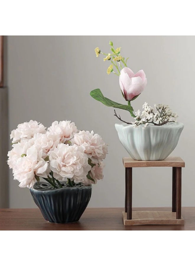 Lotus Pod Flower Arrangement Vase, Ceramic Flower Frog Pot, Ikebana Stem Holder, Decorative Flower Frog Container, Floral Arrangement Bowl for Tea Table, Ceramic Flower Vase Kenzan (Dark Blue) - Image 2