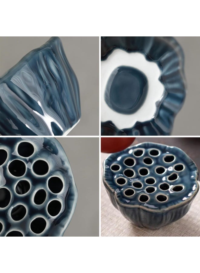 Lotus Pod Flower Arrangement Vase, Ceramic Flower Frog Pot, Ikebana Stem Holder, Decorative Flower Frog Container, Floral Arrangement Bowl for Tea Table, Ceramic Flower Vase Kenzan (Dark Blue) - Image 5
