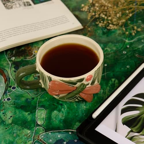 Green Route Handcrafted Ceramic Cup with 3D Dragonfly Design – 375 ml Artistic Coffee/Tea Mug – Eco-Friendly & Microwave Safe – Nature-Inspired Ceramic Stoneware (Set of 1) - Image 1
