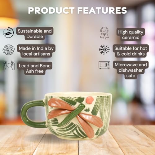 Green Route Handcrafted Ceramic Cup with 3D Dragonfly Design – 375 ml Artistic Coffee/Tea Mug – Eco-Friendly & Microwave Safe – Nature-Inspired Ceramic Stoneware (Set of 1) - Image 2