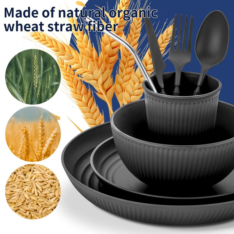 HOMMALY Wheat Straw Dinnerware Sets,64-Piece Black Plates and Bowls Sets for 8-Unbreakable,Reusable Plastic Dish Set-Dinner Plate/Dessert Plate/Cereal Bowl/Cup/Utensils-Microwavable Dishwasher Safe 64P-BLACK - Image 5