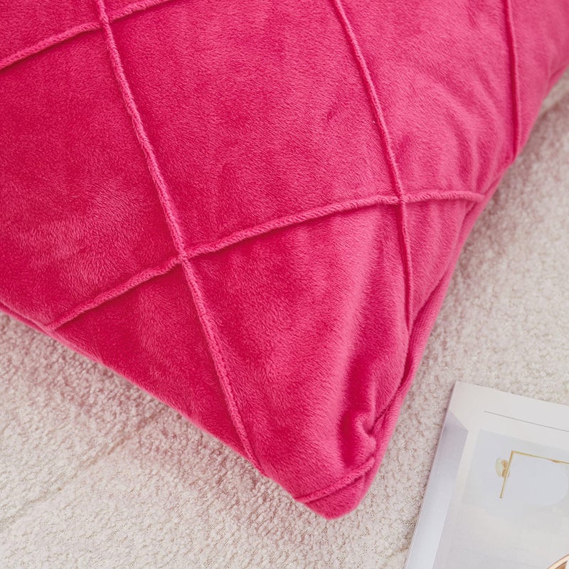 JAUXIO Diamond Pinch Pleated Crystal Velvet Pillowcases 2 Pack Solid Pintuck Throw Cushion Cover for Home Decor Hidden Zipper Closure (Hot Pink  Standard) - Image 3