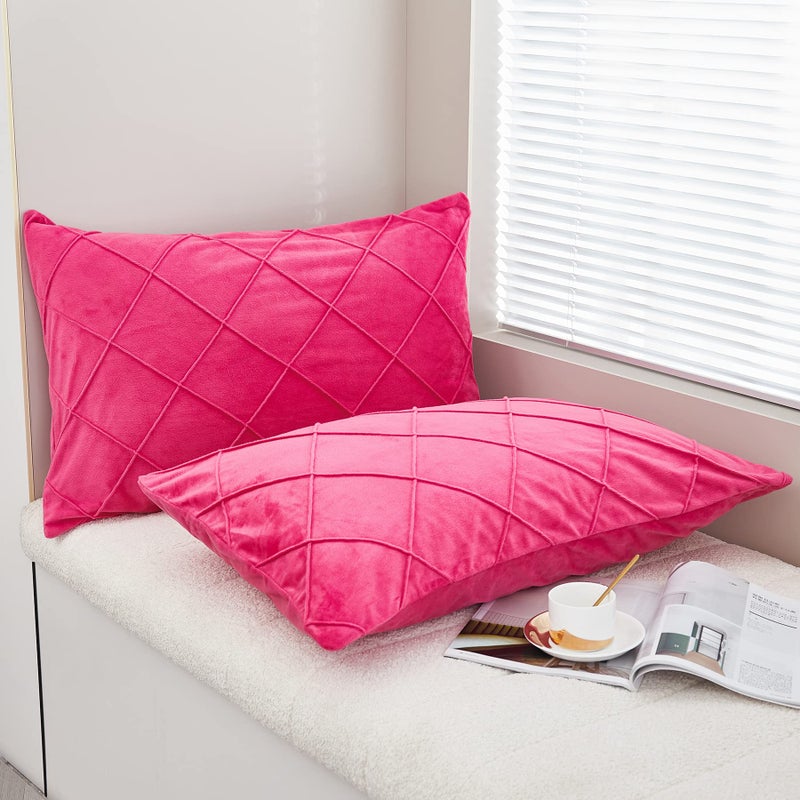 JAUXIO Diamond Pinch Pleated Crystal Velvet Pillowcases 2 Pack Solid Pintuck Throw Cushion Cover for Home Decor Hidden Zipper Closure (Hot Pink  Standard) - Image 2