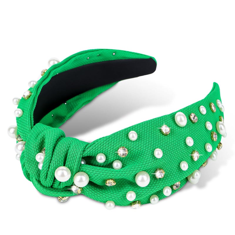 Jaciya Pearl Headbands for Girls Rhinestone Headbands for Women Wide Knotted Green Headband for Women Beaded Head Band Knot Turban Hair Accessories