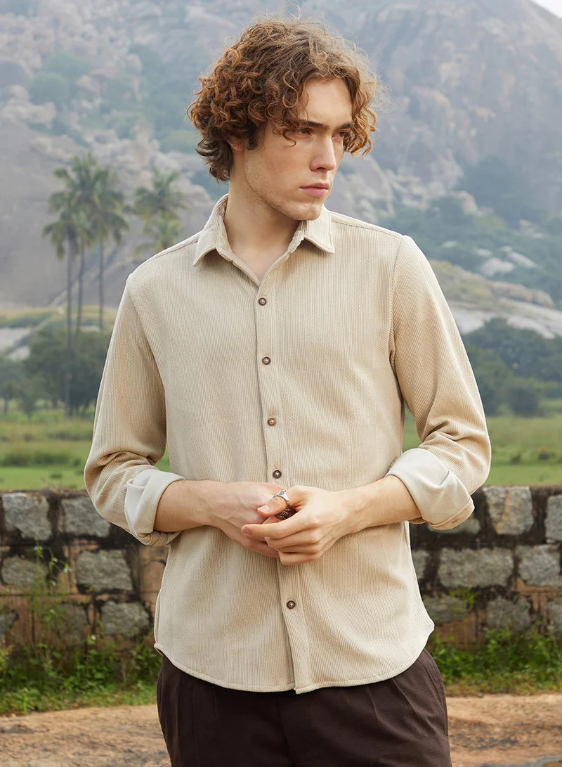 Campus Sutra Men's Saltbox Beige Solid Knit Shirt
