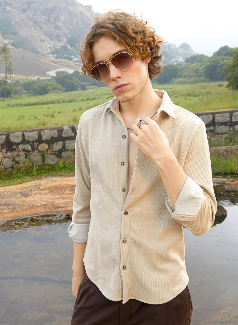Campus Sutra Men's Saltbox Beige Solid Knit Shirt