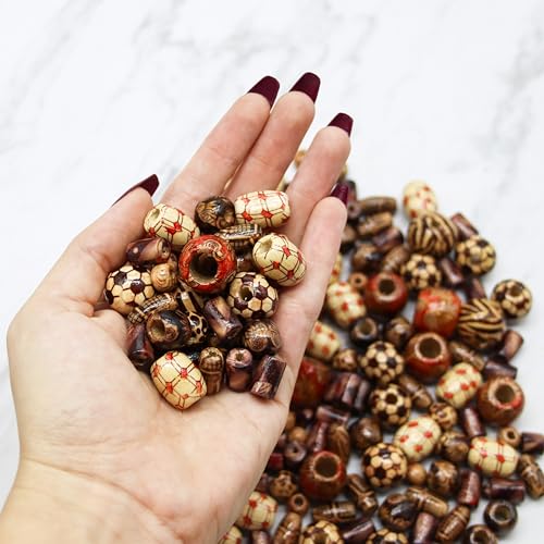 Fun-Weevz 500 PCS Wooden Beads for Jewelry Making Adults, Painted Assorted African, Macrame Supplies, Craft Wood for Bracelets & Necklace, Large & Small Round Barrel Tubular - Image 2