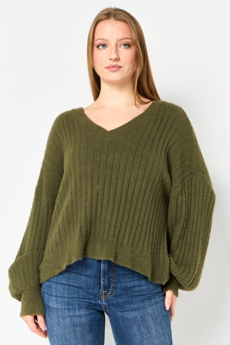 Aerie Women V-Neck Knitted Sweater, Green - Image 1