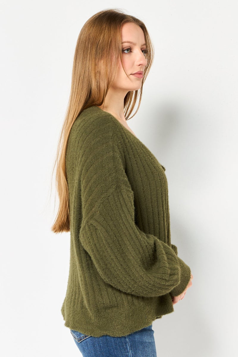 Aerie Women V-Neck Knitted Sweater, Green - Image 2