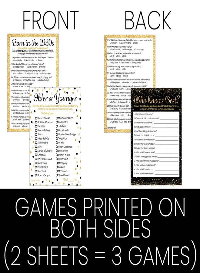 DISTINCTIVS Black and Gold 90th Birthday Game Bundle - Set of 3 Birthday Party Games for 20 Guests, Born in The 1930s Theme - Image 3