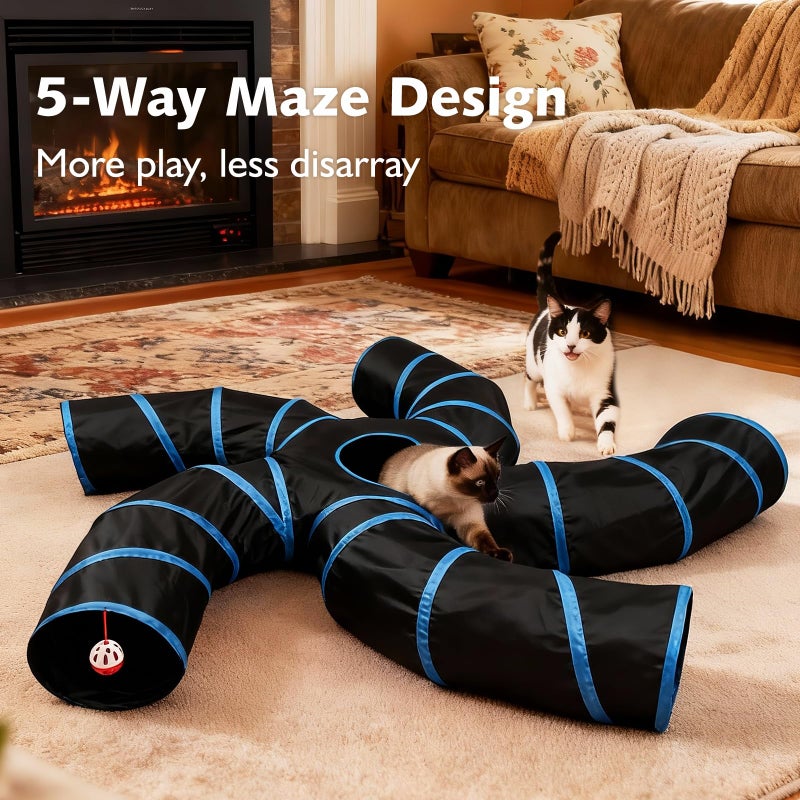 Joytale 5-Way Cat Tunnels for Indoor Cats, Pet Tube Toy with Bell Ball and Toy Mouse, S-Shape Collapsible Tunnel with Interactive Hole for Kitty, Kitten, Rabbit, Puppy (Blue&Black) - Image 2