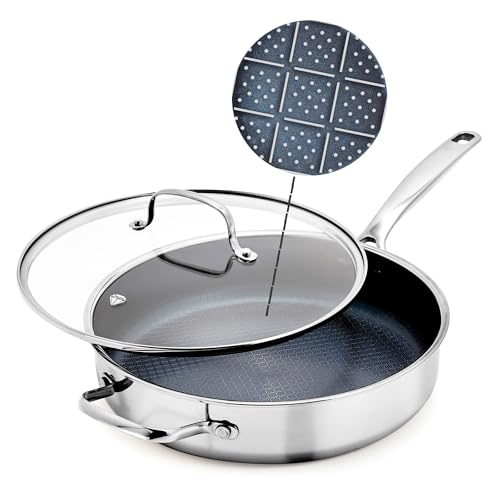 Blue Diamond Hybrid Nonstick Stainless Steel 4QT Saute Pan with Glass Lid PFASFree Ceramic Diamond Bond Deep Jumbo Skillet Induction Ready Dishwasher  Metal Utensil Safe StayCool Handle