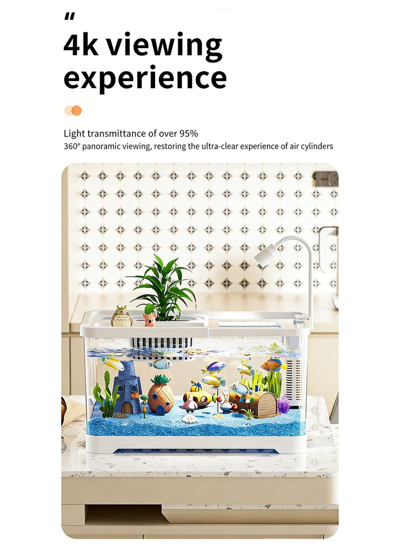 Desktop Aquarium with Planter Holder & LED Light, All-in-One Fish Tank Kit with Filtration System, 360° Clear View, Ideal for Small Fish, Betta Fish, Goldfish and Turtles, Home Office Decor & Beginners Gift, White, 8028-M - Image 3