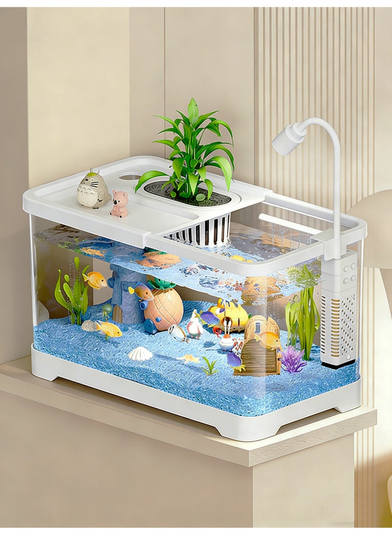 Desktop Aquarium with Planter Holder & LED Light, All-in-One Fish Tank Kit with Filtration System, 360° Clear View, Ideal for Small Fish, Betta Fish, Goldfish and Turtles, Home Office Decor & Beginners Gift, White, 8028-M - Image 1