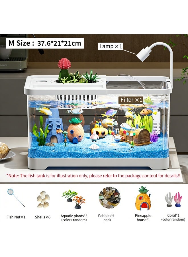 Desktop Aquarium with Planter Holder & LED Light, All-in-One Fish Tank Kit with Filtration System, 360° Clear View, Ideal for Small Fish, Betta Fish, Goldfish and Turtles, Home Office Decor & Beginners Gift, White, 8028-M - Image 2