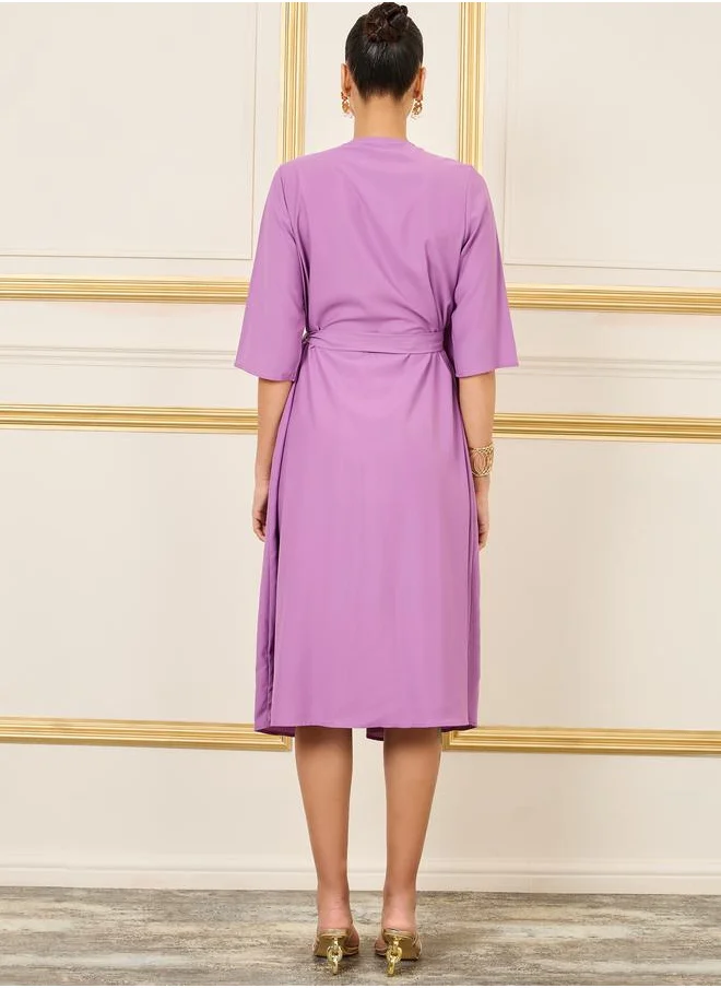 Styli 3/4 Sleeves Solid Wrap Front Midi Dress