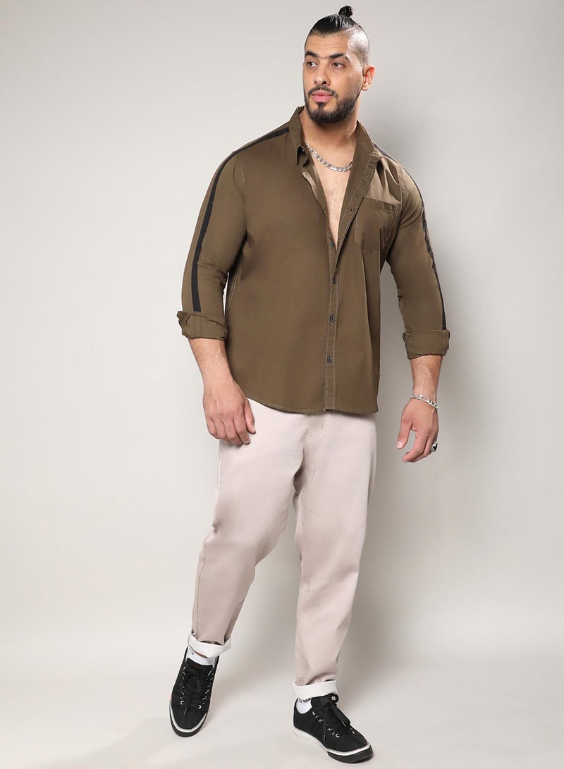 Instafab Plus Men's Olive Green Side Striped Shirt For Casual Wear | Spread Collar | Long Sleeve | Button Closure | Shirt Crafted With Comfort Fit For Everyday Wear