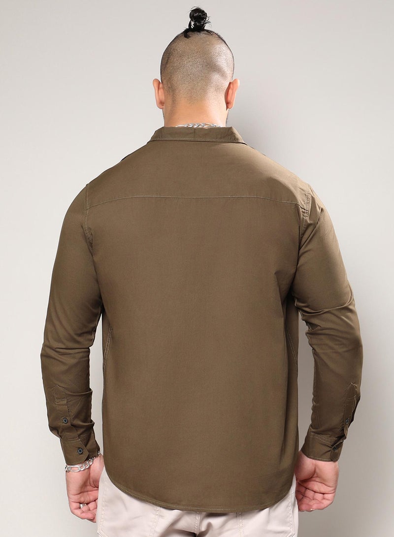 Instafab Plus Men's Olive Green Side Striped Shirt For Casual Wear | Spread Collar | Long Sleeve | Button Closure | Shirt Crafted With Comfort Fit For Everyday Wear