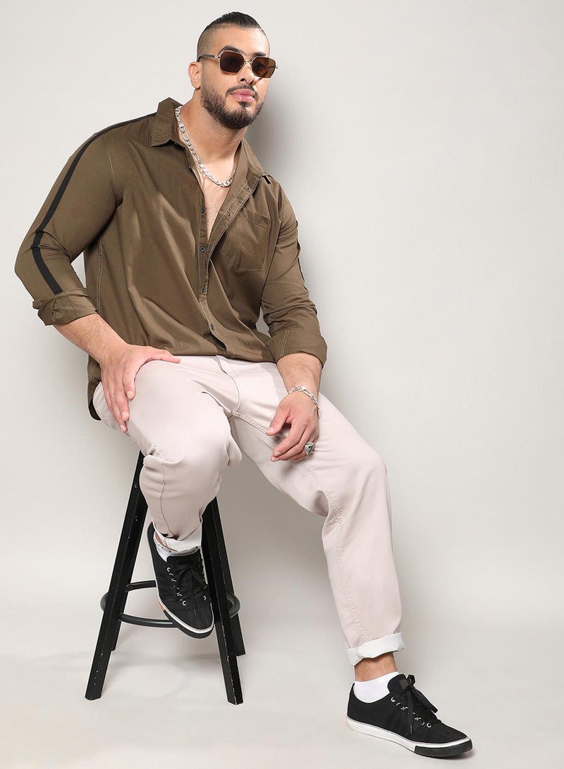 Instafab Plus Men's Olive Green Side Striped Shirt For Casual Wear | Spread Collar | Long Sleeve | Button Closure | Shirt Crafted With Comfort Fit For Everyday Wear