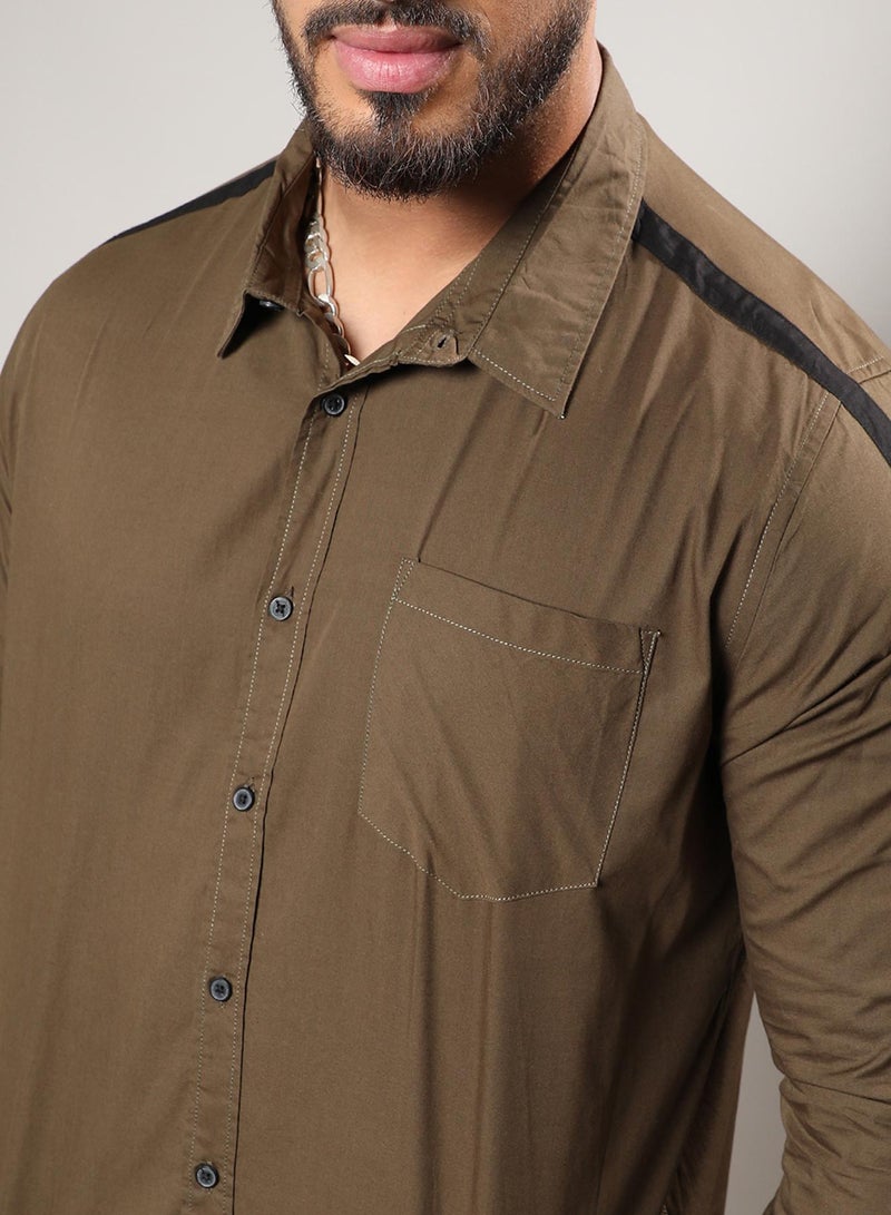 Instafab Plus Men's Olive Green Side Striped Shirt For Casual Wear | Spread Collar | Long Sleeve | Button Closure | Shirt Crafted With Comfort Fit For Everyday Wear