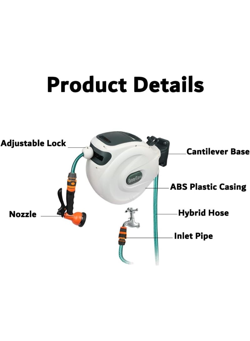 GearZone بكرة خرطوم حديقة، بكرة خرطوم ماء بطول 20 متر، بكرة خرطوم مثبتة على الحائط مع تخزين مغلق، قفل لأي طول لري الحديقة - Image 2