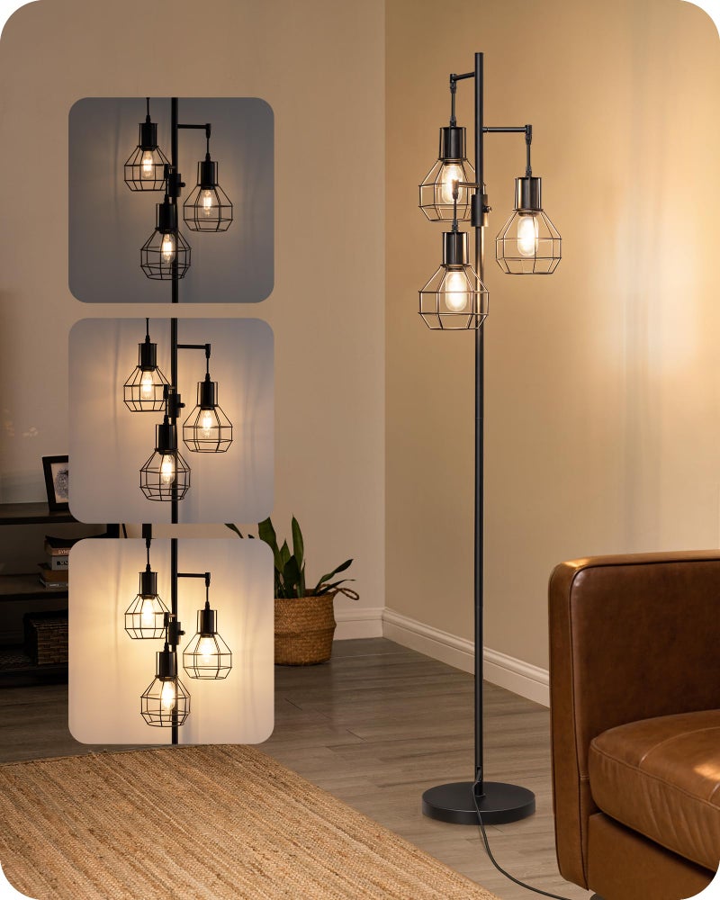 EDISHINE Dimmable Farmhouse Floor Lamp, Industrial Standing Lamp for Living Room, 3 LED Edison Bulbs Included, Black Corner Rustic Tall Tree Reading Lamps Home Decor for Bedroom, Office - Image 1