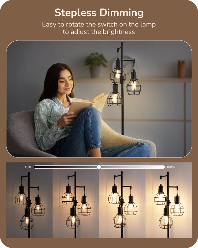 EDISHINE Dimmable Farmhouse Floor Lamp, Industrial Standing Lamp for Living Room, 3 LED Edison Bulbs Included, Black Corner Rustic Tall Tree Reading Lamps Home Decor for Bedroom, Office - Image 2