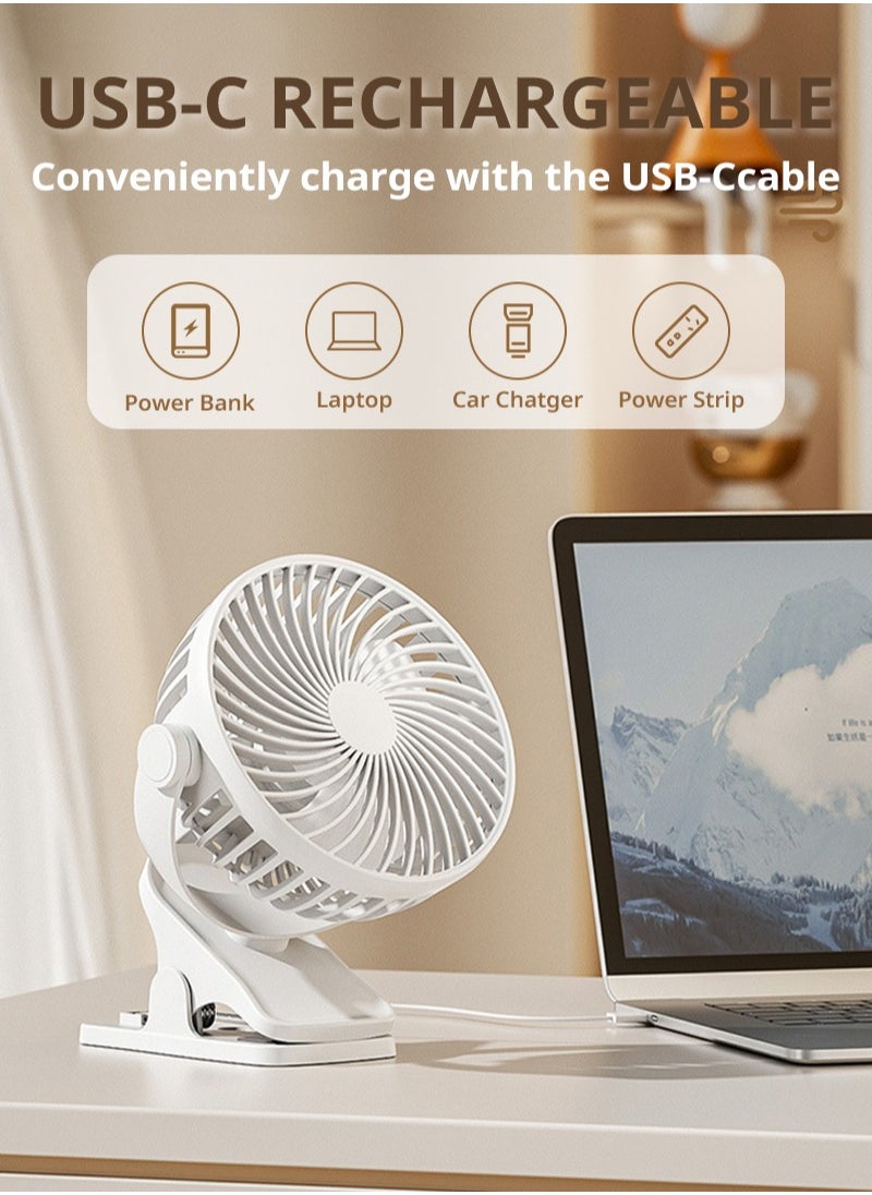 بيستيس  - مروحة مكتب محمولة بمشبك تعمل بالبطارية، مروحة مكتب USB قابلة لإعادة الشحن، مروحة شخصية صغيرة هادئة بثلاث سرعات مع مشبك، مروحة طاولة صغيرة تدور 360 درجة للسرير وعربة الأطفال والسكن الجامعي والمنزل والمكتب والسفر والتخييم - لون أبيض - Image 1