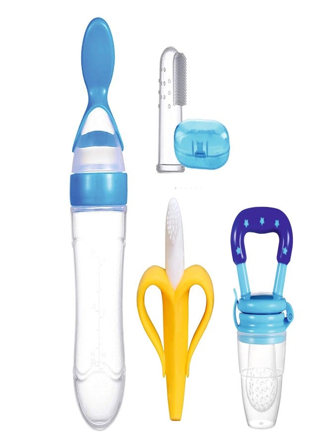 Roforuf Baby Silicone Feeding & Teething Set | Soft BPA-Free Food & Fruit Feeder Pacifier Nibbler, Banana Teether & Infant Toothbrush, Finger Brush with Case, Squeezy Feeder Spoon Bottle (90ml) for 3-12 Months (Pack 4) - Image 1