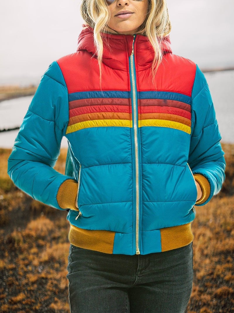 2024 New Cross-border European and American Womens Casual Hooded Printed Short Cotton Clothes Autumn and Winter Contrast Color Hooded Cotton-padded Coat Lake blue + red