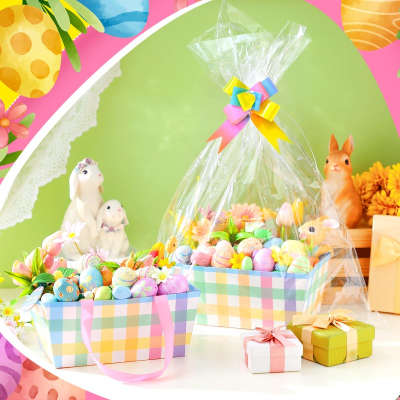Funnymoom 6 Pack Pastel Plaid Easter Basket for Gifts Empty with Cellophane Bag Pull Bows Plaid Basket Gift Box for Spring Easter Wedding Birthday Party Favors, 9.8 x 6.5 Inch - Image 2